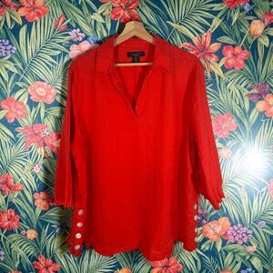 Tahari Women's 1X Bright Coral Orange 100% Linen 3/4 Sleeve Collared Blouse